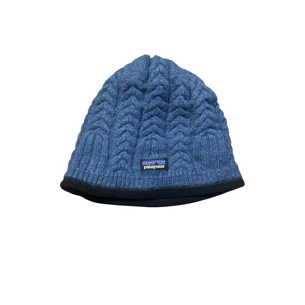 Patagonia Womens Deep Blue Fleece Lined‎ Cable Knit wool beanie Logo Unisex OS